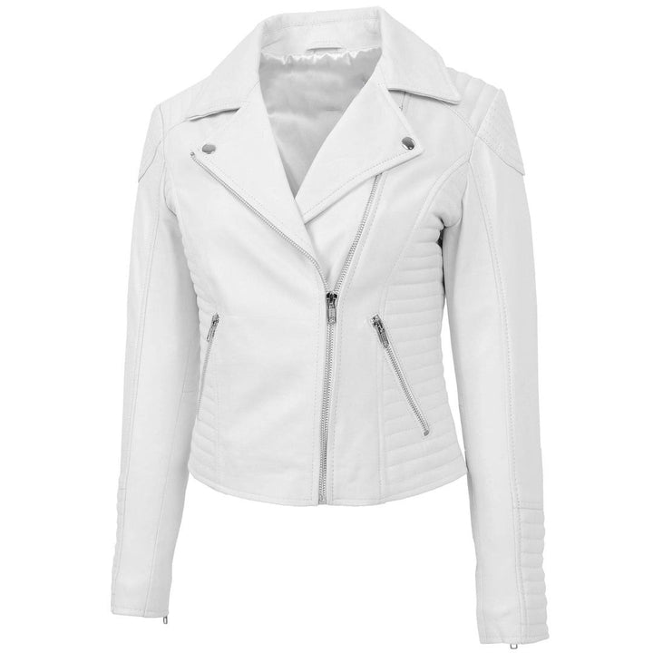 Womens Soft Leather Cross Zip Biker Jacket Anna White