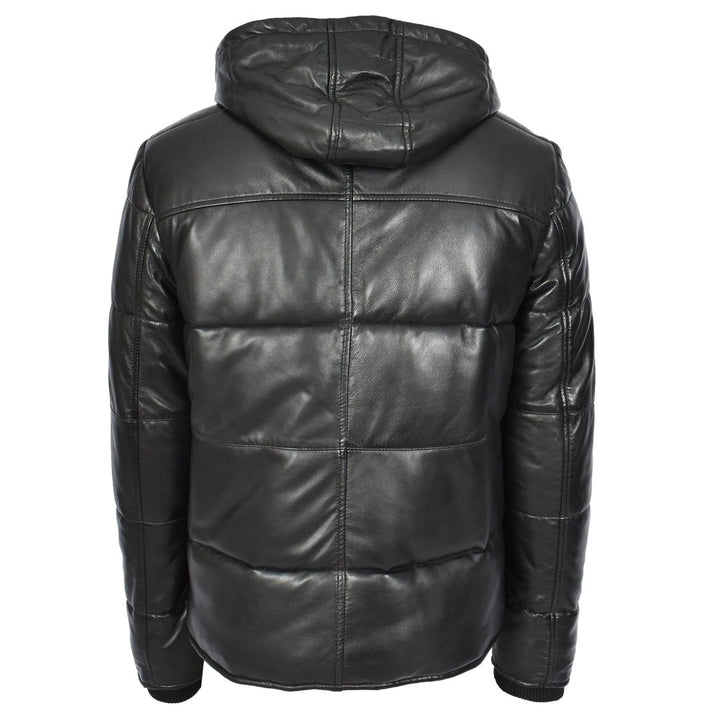Men's Black Leather Puffer Jacket With Detachable Hood Quilted Padded Outerwear Rory