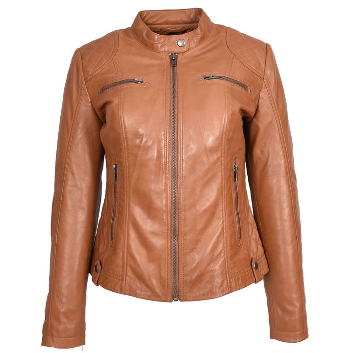 Women’s Tan Leather Moto Jacket – Slim Fit Zip-Up Biker Style