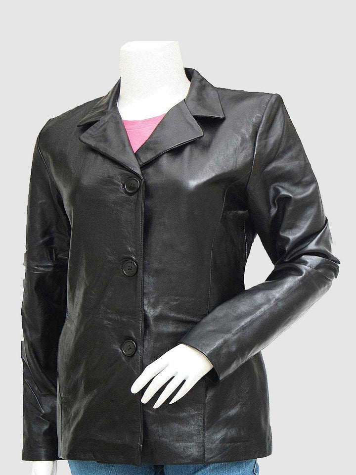 3 Button Black Leather Blazer