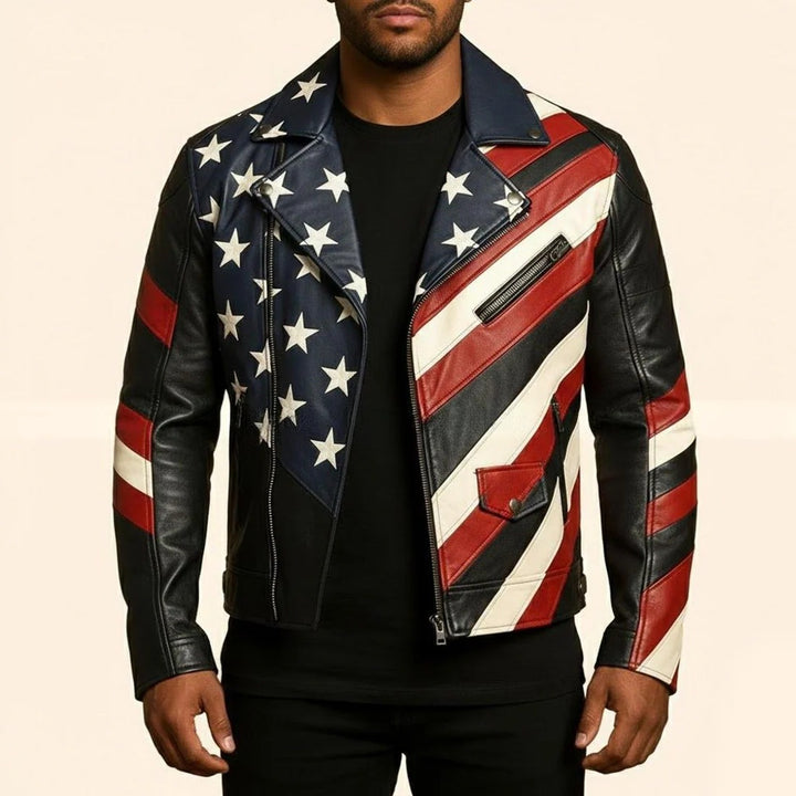 American Flag Genuine Leather Jacket Black Biker USA Jacket with Star And Stripe Panels
