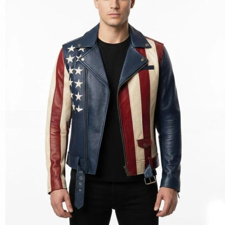 American Style USA Flag Asymmetrical Color Panel Biker Style Genuine Leather Jacket for Men