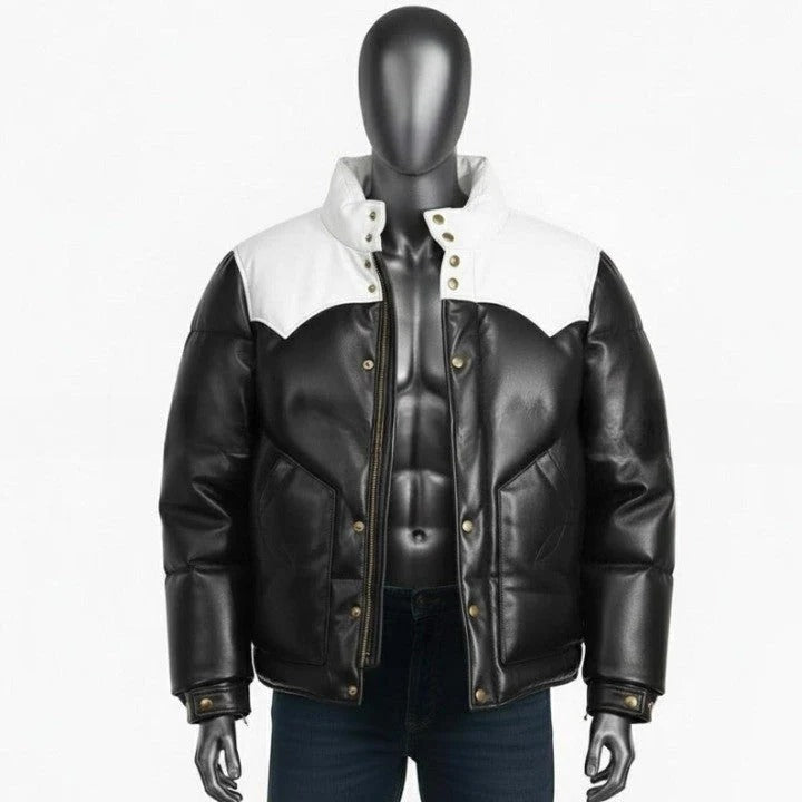 Black Padded Jacket with White Yoke Detail For Men Genuine Leather Puffer Coat