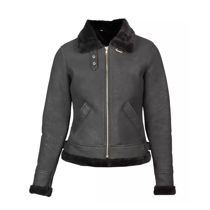 Black Shearling B-3 Leather Bomber Grey Jacket