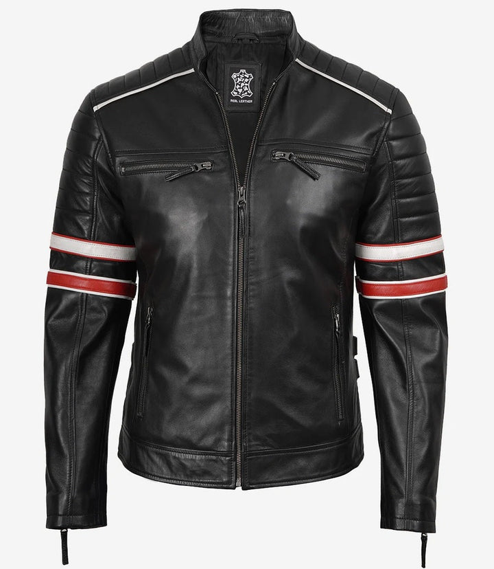Men’s Black Cafe Racer Leather Jacket with Red & White Stripes