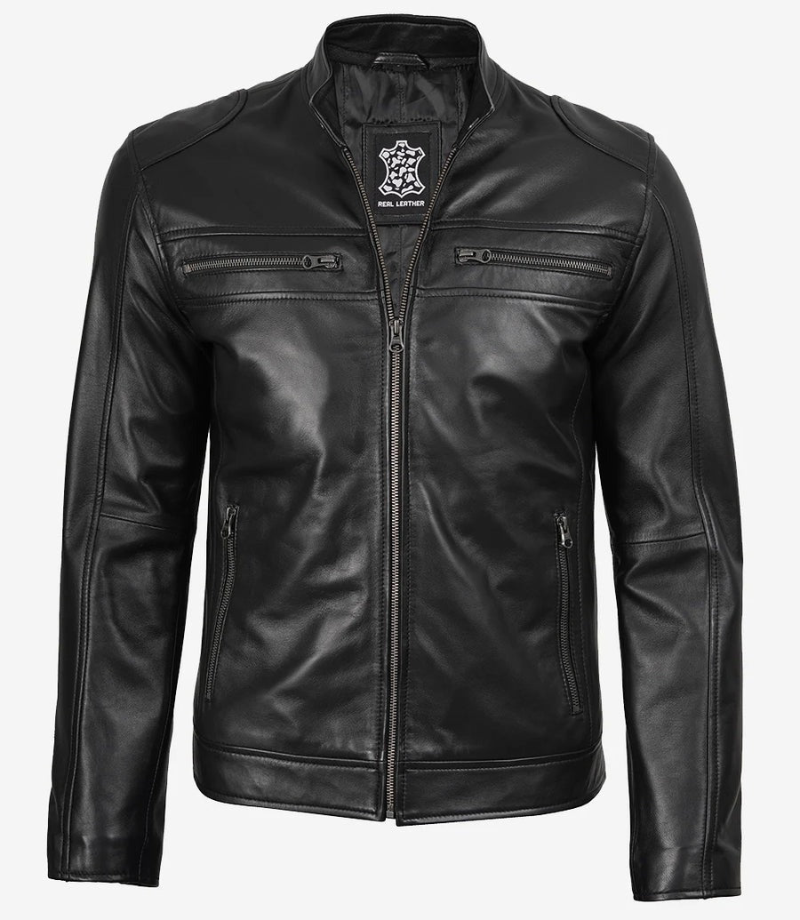 Mens Black Lambskin Biker Leather Jacket