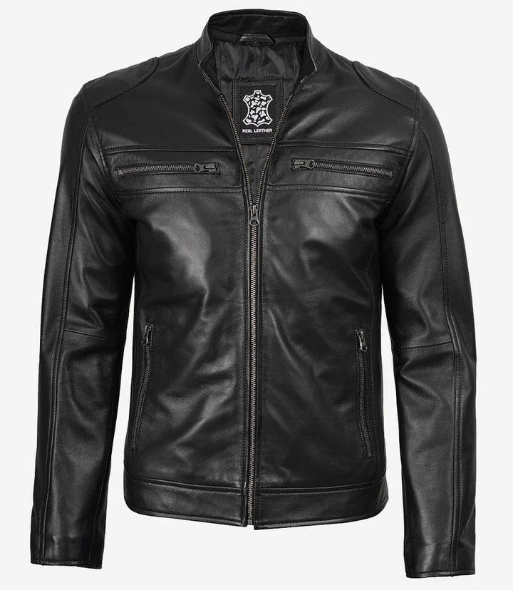 Mens Black Lambskin Biker Leather Jacket