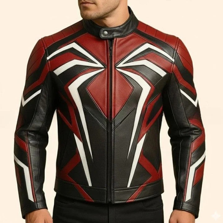 Black and Red Original Leather Jacket with Angular Geometric Line Design