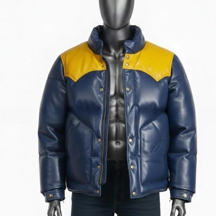 Blue Puffer Jacket with Yellow Shoulder Panels for Men Genuine Leather Puffer Coat