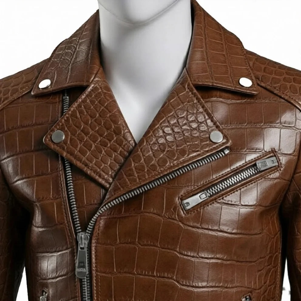 Brown Crocodile Embossed Genuine Leather Biker Jacket