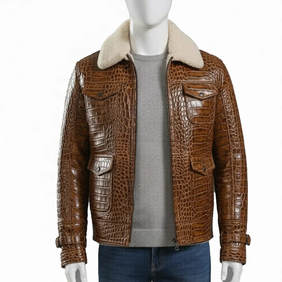 Brown Textured Leather Jacket Mens Winter Coat with Shearling Collar