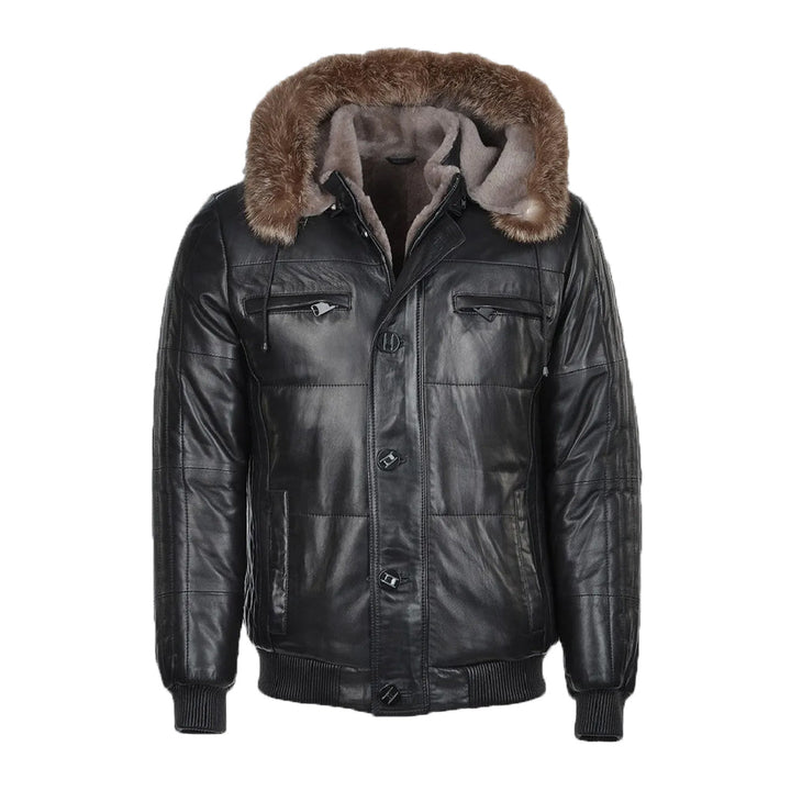 Carter Mens Black Bomber Fur Hooded Leather Jacket