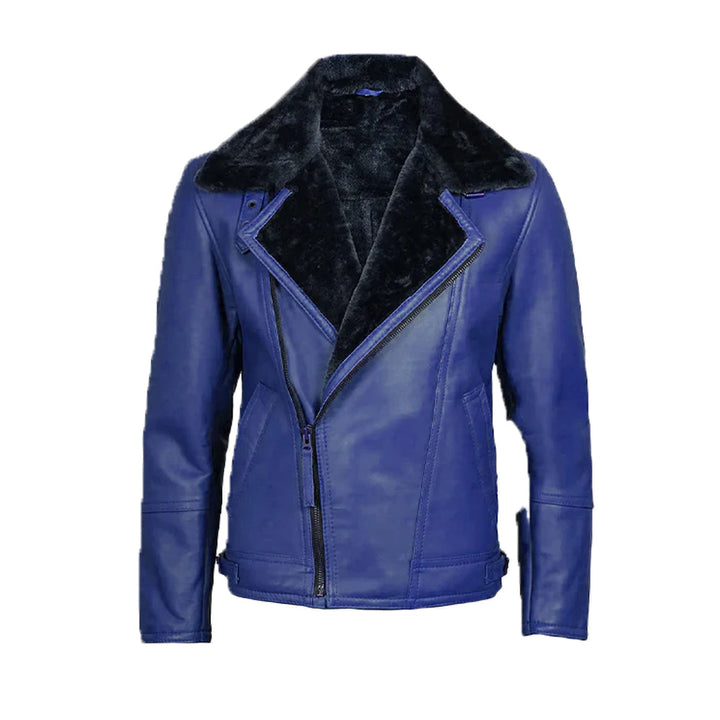 Men's Blue Leather Shearling Moto Jacket