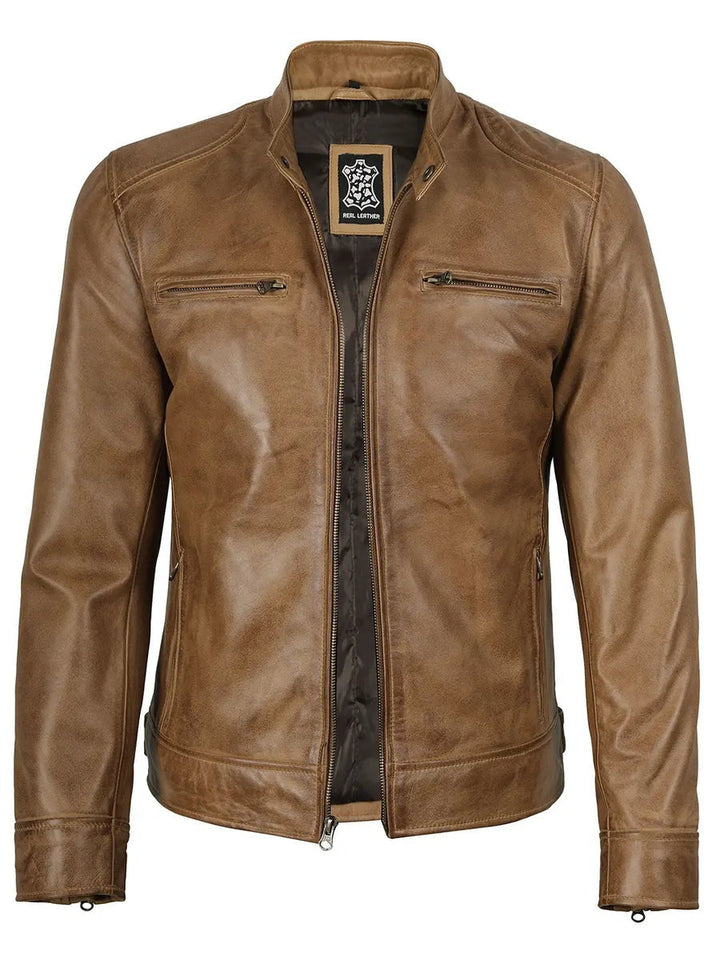 Real Leather Men's Camel Brown Cafe Racer Jacket