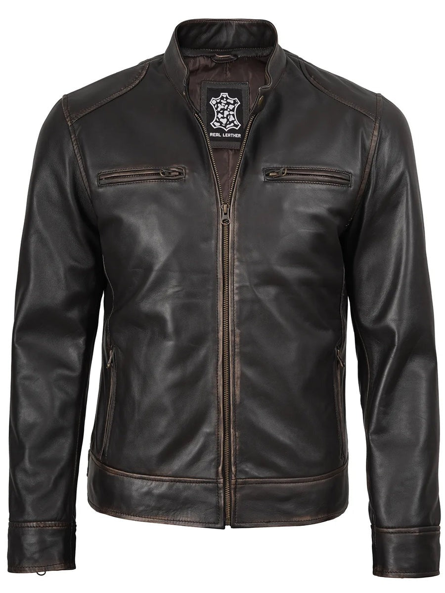 Men's Rub-Off Dark Brown Cafe Racer Style Leather Jacket