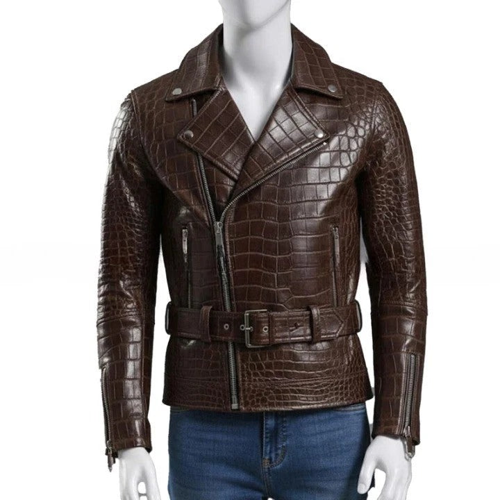 Embossed Brown Leather Moto Jacket Asymmetrical Zip Belted Waist