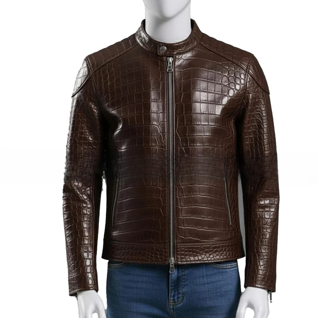 Embossed Genuine Leather Motorcycle Jacket Slim Fit Aviator Coat