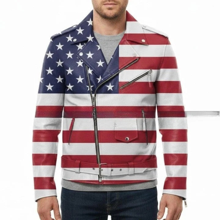 Genuine Leather Biker Style Jacket with Star and Horizontal Stripe Panel Design