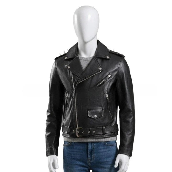 Genuine Leather Black Biker Jacket with Studded Shoulder Details