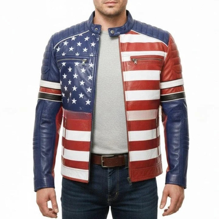 Genuine Leather TwoTone Panel Jacket with Star and Stripe Style Detailing