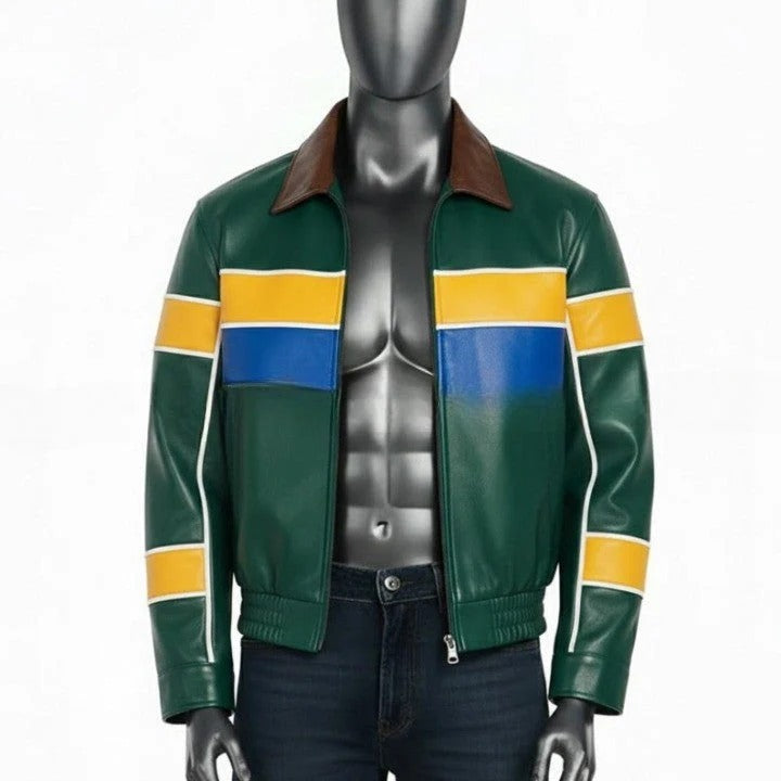 Genuine Leather green Jacket with Yellow And Blue Accent Panels