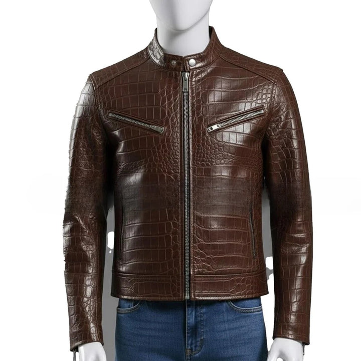 Handmade Brown Crocodile Embossed Genuine Leather Biker Jacket