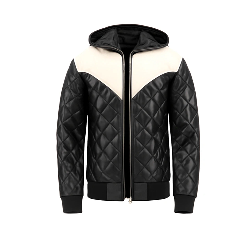 Hooded Bomber Puffer Leather Jacket Black