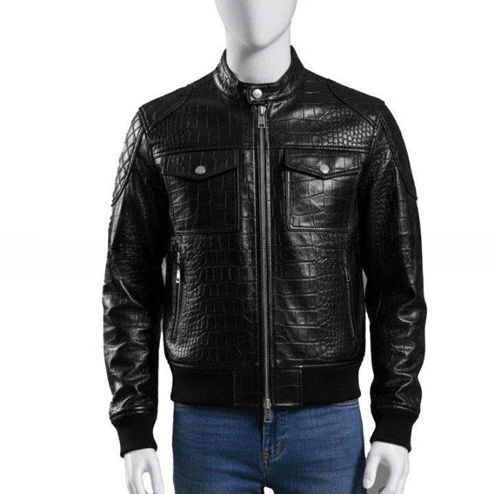 Luxury Crocodile Embossed Leather Jacket Black Genuine Leather Bomber Style Coat For Men