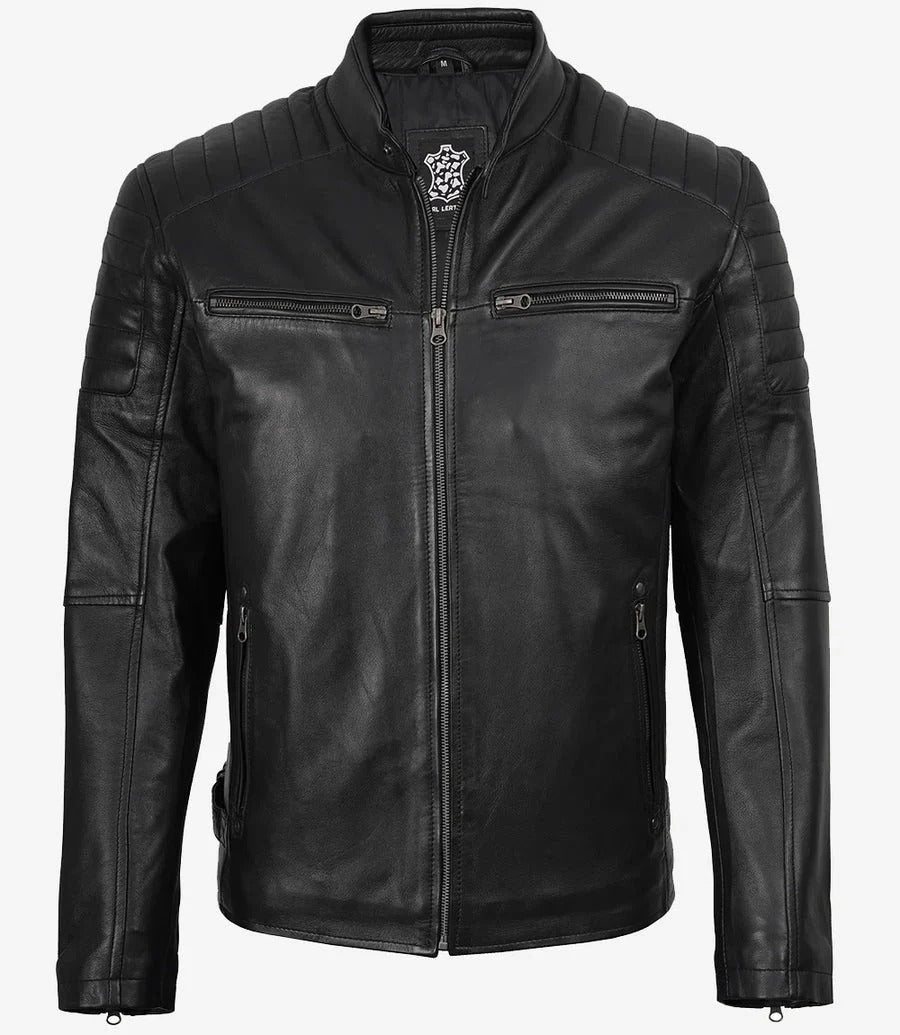 Men’s Black Cafe Racer Leather Jacket with Padded Shoulders