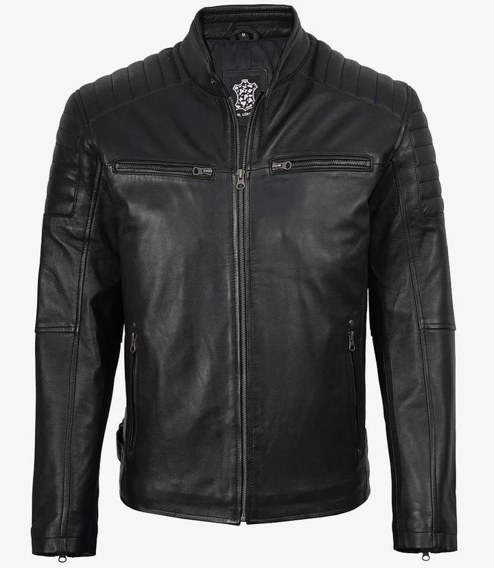 Men’s Black Cafe Racer Leather Jacket with Padded Shoulders