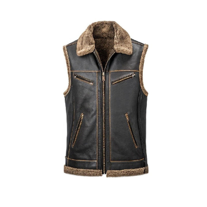 Men’s Black Vest With Brown Shearling Lining – Gilet with Zipper Pockets