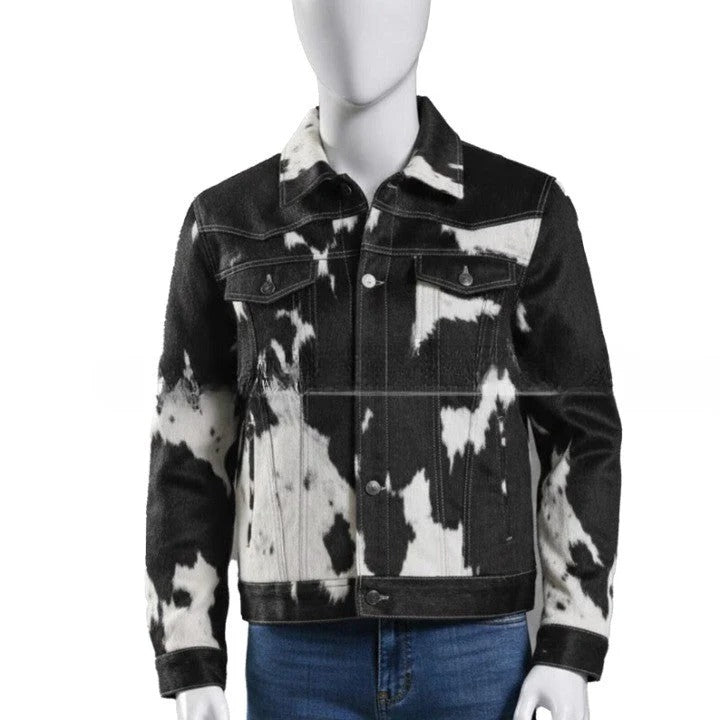 Men’s Black & White Cow Print Jacket – Stylish Casual Outerwear