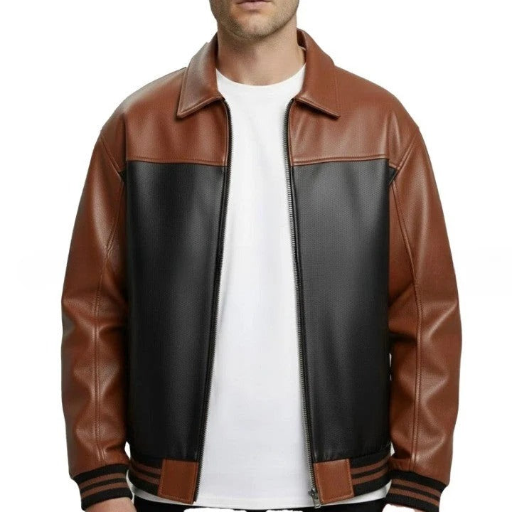 Men’s Brown & Black Leather Bomber Jacket – Classic Contrast Zip-Up Style