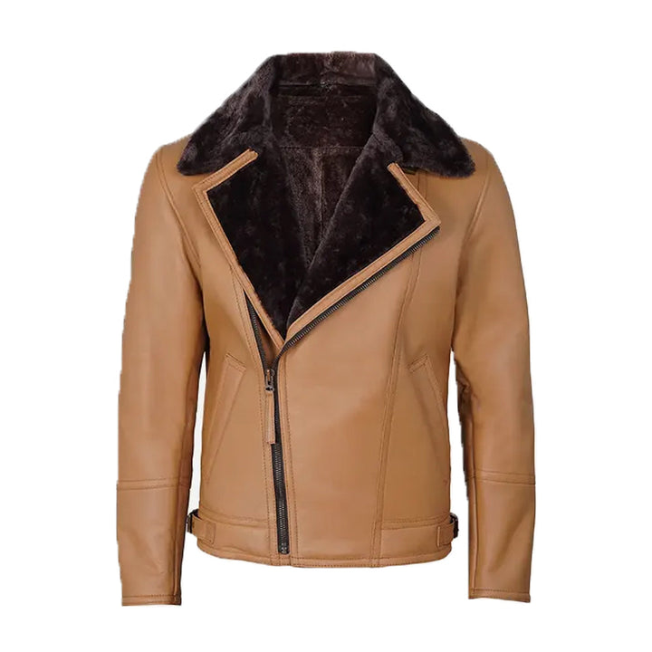 Men's Camel Brown Shearling Leather Moto Jacket