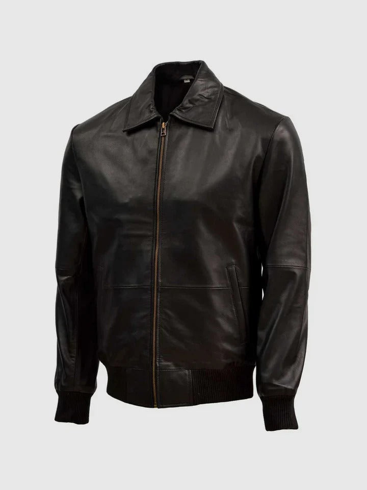 Men’s Classic Black Genuine Leather Bomber Jacket