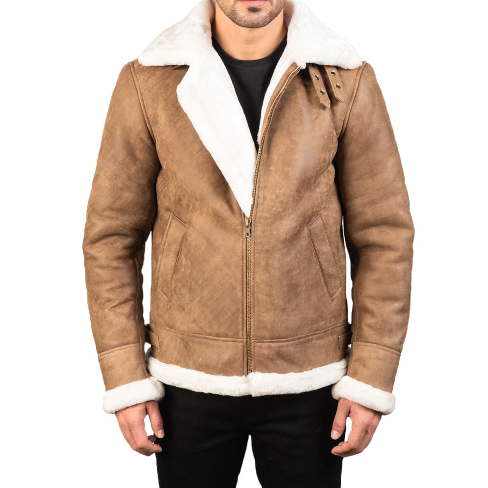 Men’s Fur Collar Distressed Brown Leather Bomber Jacket