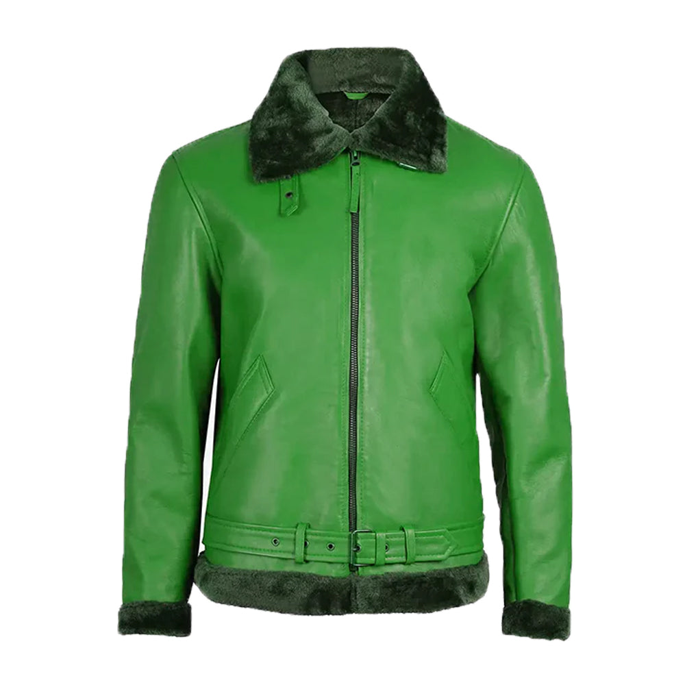 Men's Green Fur Leather Shearling Bomber Jacket