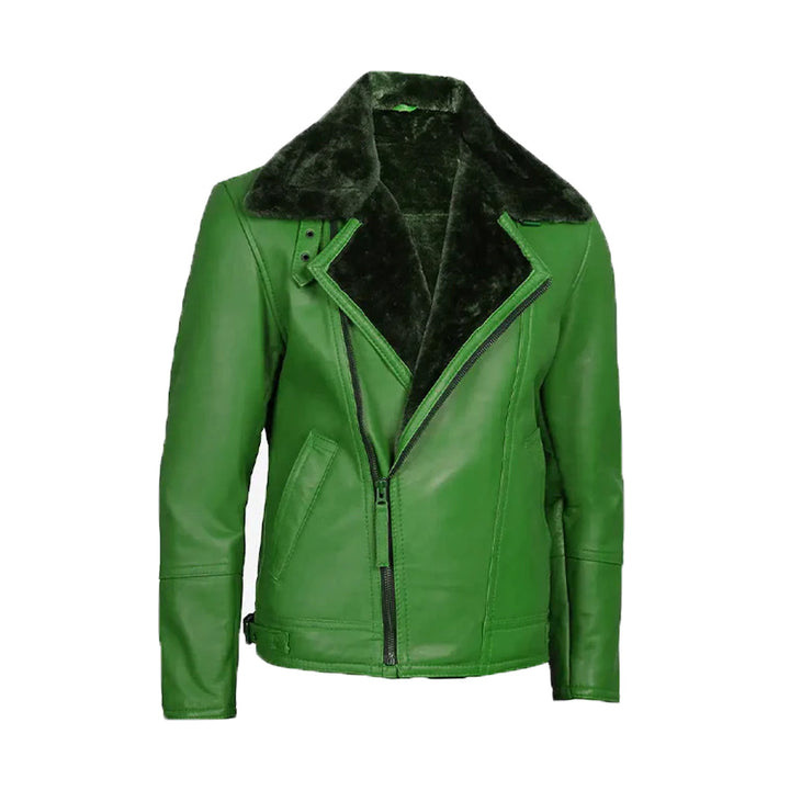 Men's Green Leather Shearling Moto Jacket