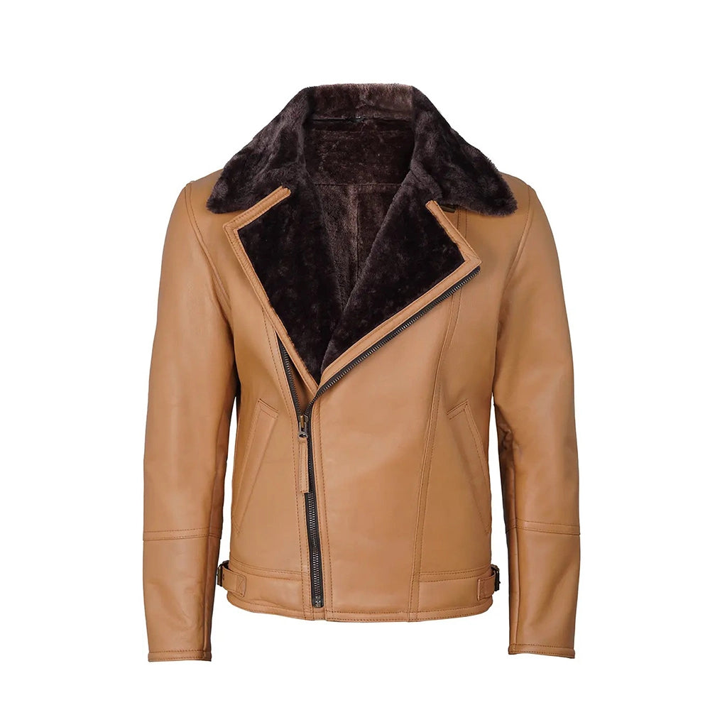 Men’s Shearling Leather Moto Jacket – Camel Color