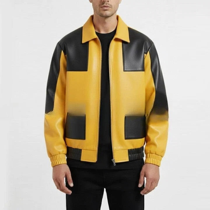 Men’s Yellow Black Contrast Leather Jacket – Urban Fashion Fit