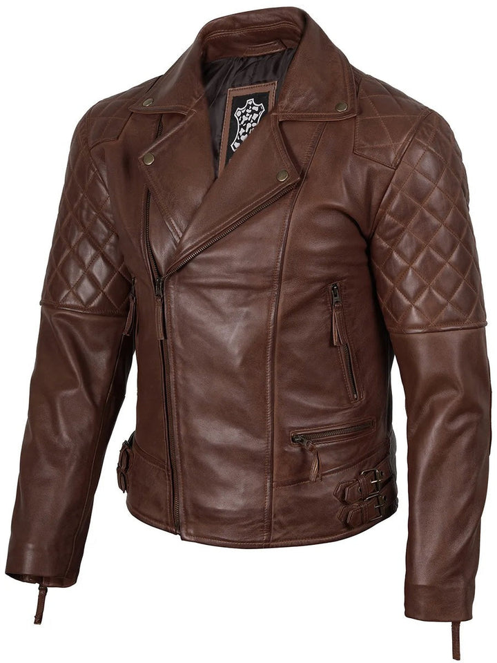 Mens Dark Brown Quilted Asymmetrical Leather Biker Style Jacket