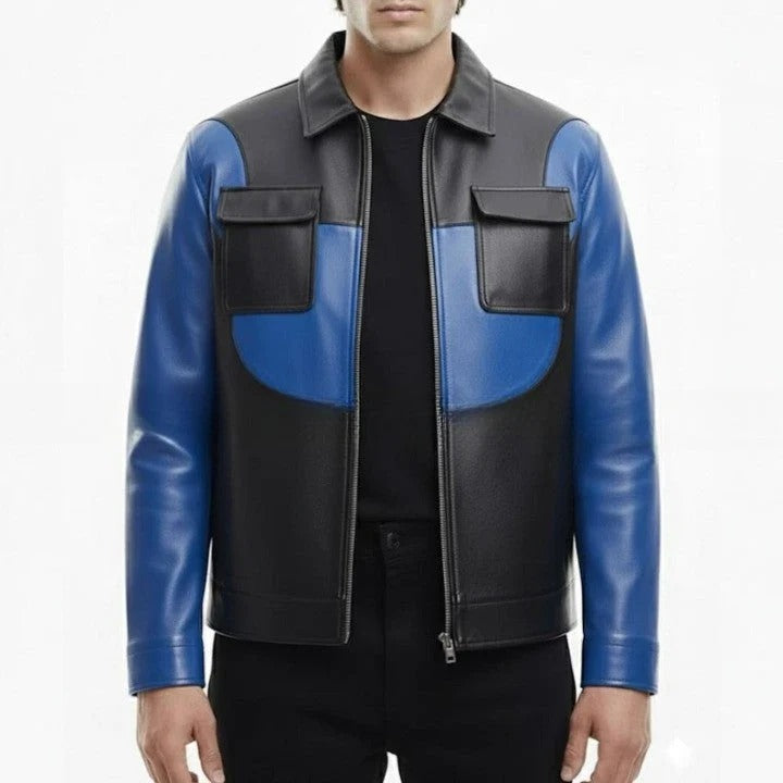 Mens Black Blue Genuine Leather Jacket Modern Zip Front