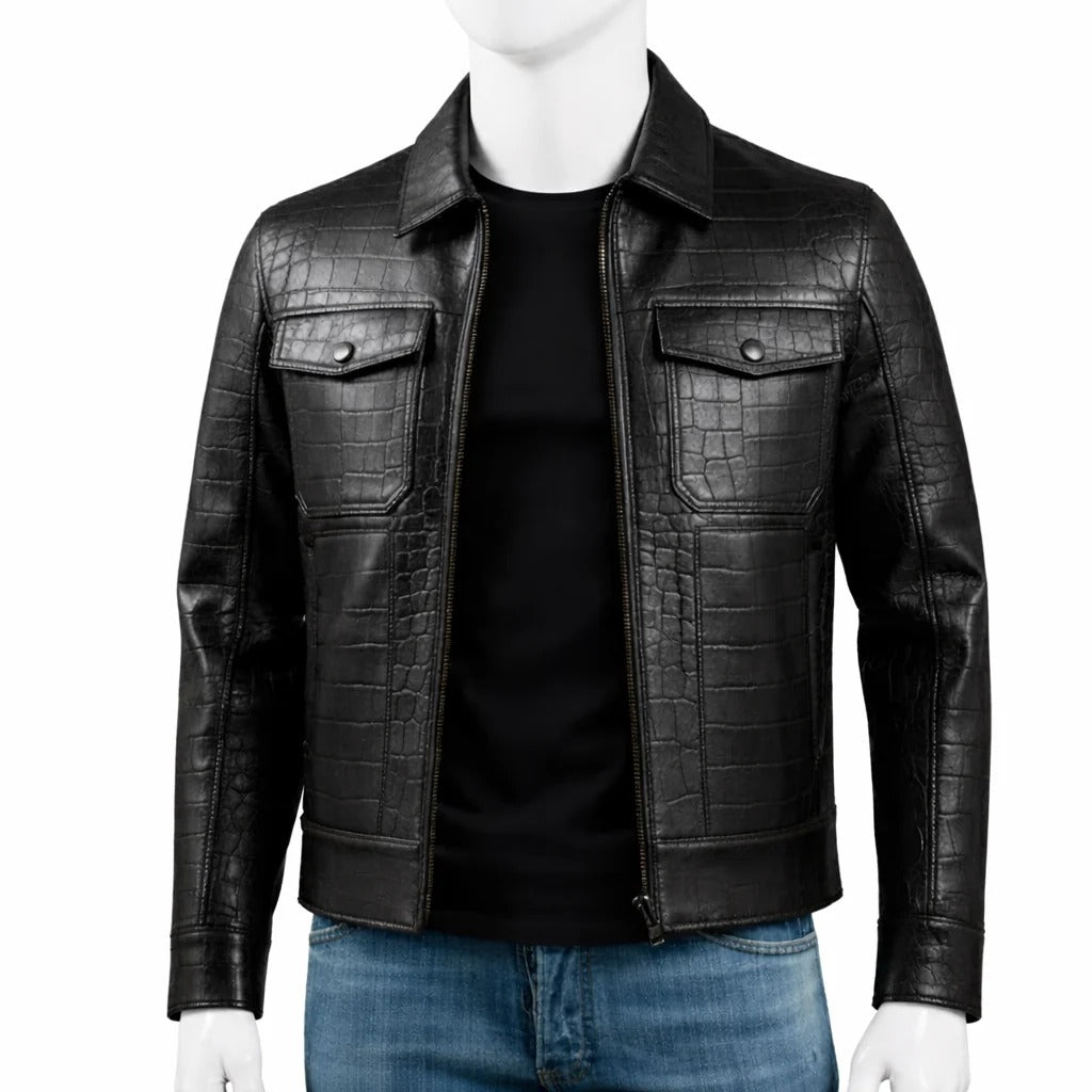 Mens Black Crocodile Embossed Genuine Leather Aviator Jacket