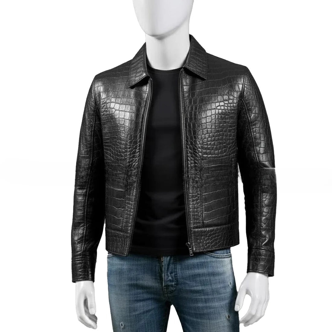 Mens Black Crocodile Embossed Genuine Leather Jacket Slim Fit