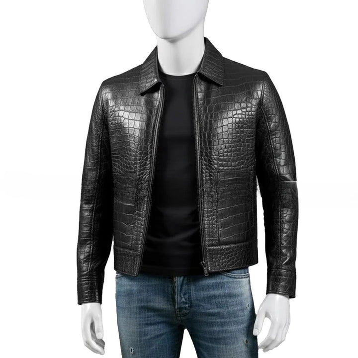 Mens Black Crocodile Embossed Genuine Leather Jacket Slim Fit