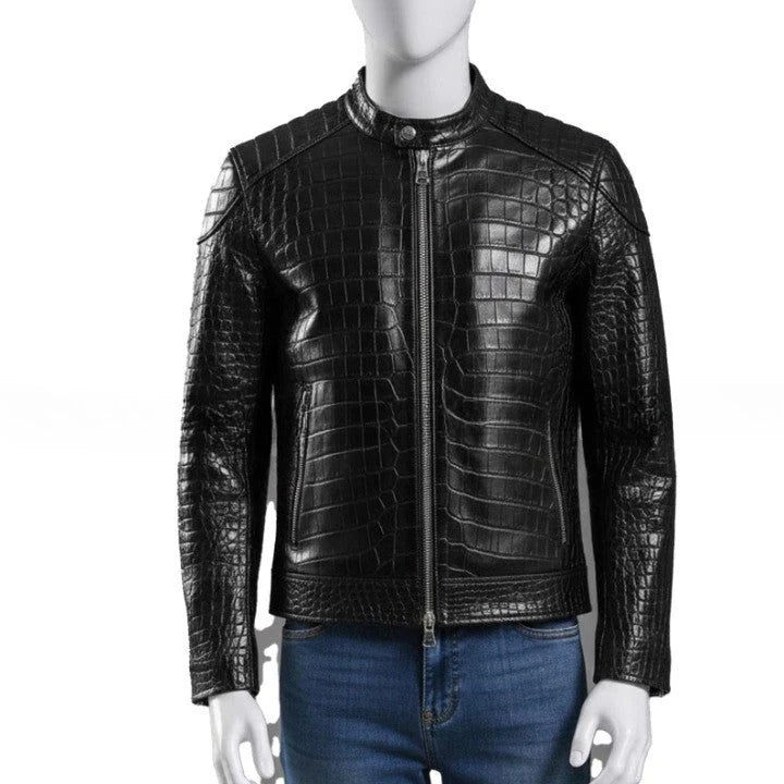 Mens Black Crocodile Embossed Leather Jacket Genuine Leather Biker Style Handmade Jackets