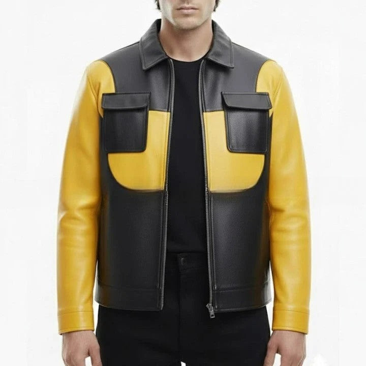 Mens Black Yellow Genuine Leather Jacket Modern Casual Style