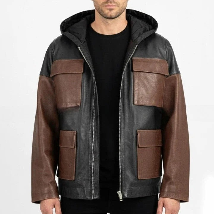 Mens Black and Brown Leather Hooded Jacket with Front Pockets Casual Zip Front Outerwear