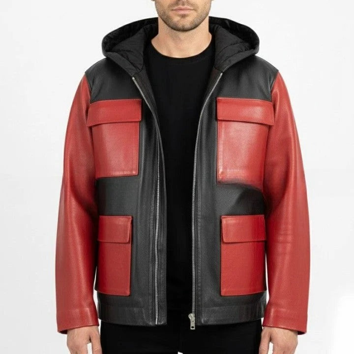 Mens Black and Red Genuine Leather Hooded Jacket Zip Front Coat
