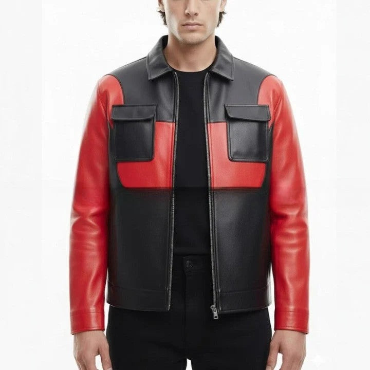 Mens Black and Red Genuine Leather Jacket Modern Zip Front